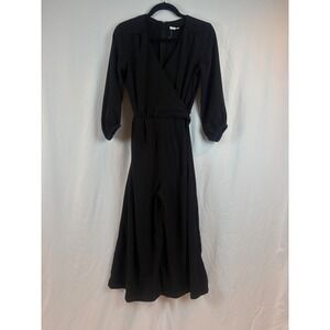 Black Wrap V-Neck Jumpsuit 3/4 Sleeve Wide Leg Belted One-Piece Romper
